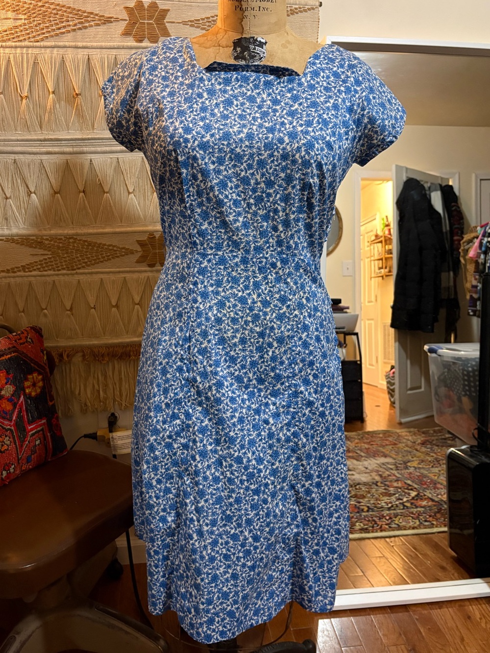 Vintage Blue Floral Sheath Dress